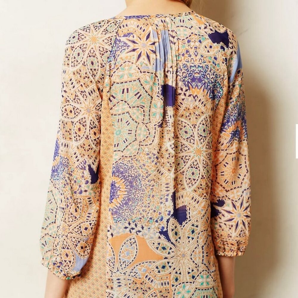 Anthropologie Meadow Rue Peach Lace Inset Tie Neck Sheer Boho Tunic Blouse XS - Picture 2 of 8